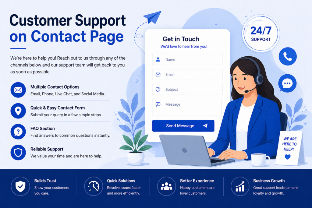 Blue-themed featured image showing a customer support contact page with a support agent, contact form, and icons for email, phone, chat, and 24/7 support, representing user-friendly communication and customer service.
