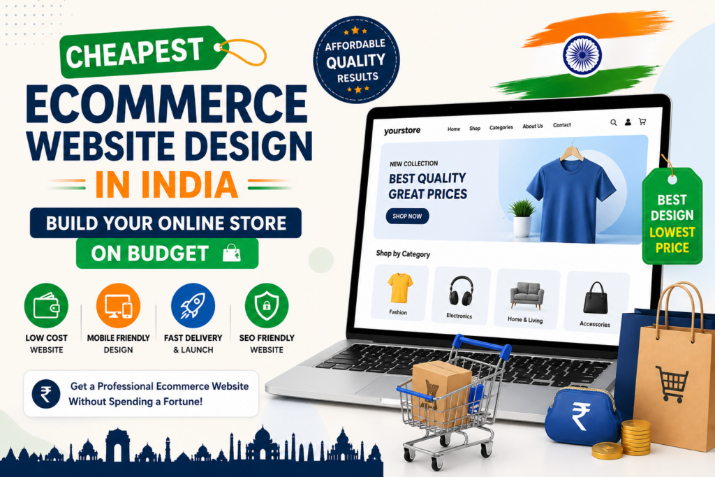 Promotional banner for cheapest ecommerce website design in India, showing a laptop with an online store, shopping cart, bags, and boxes, along with icons for low cost, mobile-friendly design, fast delivery, and SEO-friendly features, highlighting building an online store on a budget.