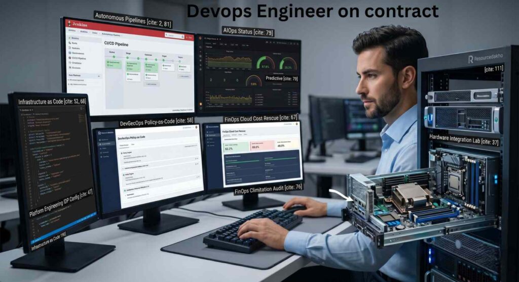 Illustrated graphic of a DevOps engineer standing in a futuristic data center filled with server racks, holding a tablet displaying analytics dashboards and metrics. Surrounding the engineer are glowing panels highlighting key concepts: “Platform Engineering: IDP & Golden Paths,” “Resolution: Complex Infrastructure Bottlenecks Negotiation,” “DevSecOps: Policy-as-Code & Zero-Trust,” and “Physical AI: Digital Twins & Hardware Integration.” The overall theme emphasizes modern DevOps practices, automation, security, and infrastructure innovation.