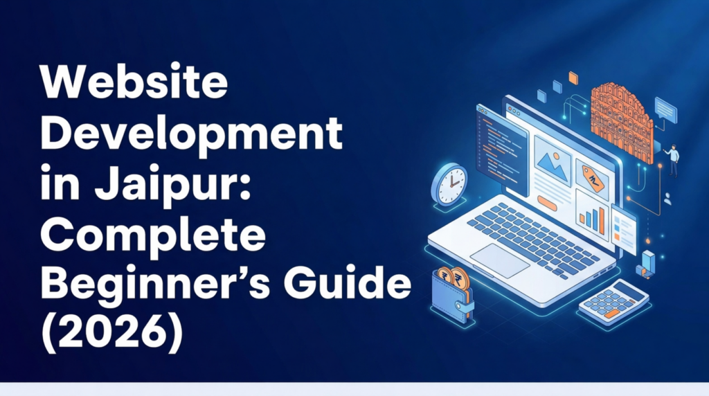 A modern blue-themed digital illustration showing a laptop with website design elements, coding screens, and Jaipur-inspired graphics, alongside the text “Website Development in Jaipur: Complete Beginner’s Guide (2026)