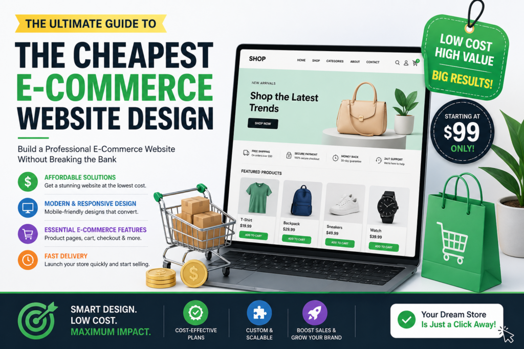 A modern promotional banner for “The Ultimate Guide to the Cheapest E-Commerce Website Design,” featuring a laptop displaying an online store with products, a shopping cart with boxes, and icons highlighting affordable pricing, responsive design, essential features, and fast delivery, alongside bold text emphasizing low-cost, high-value solutions.