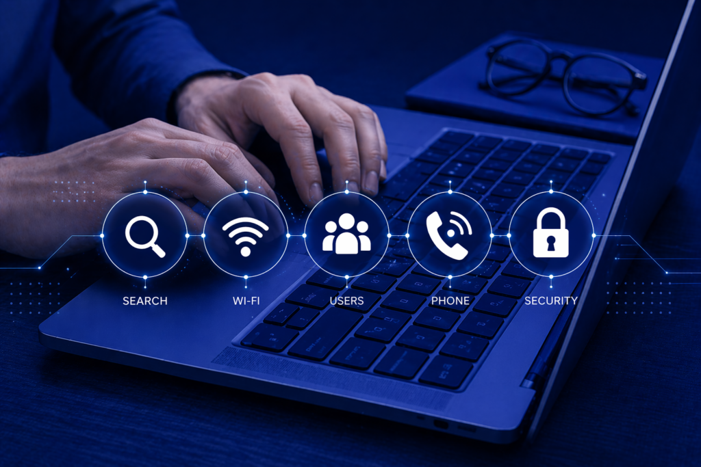 Blue-themed image of a person using a laptop with glowing icons for search, Wi-Fi, users, phone, and security, representing customer support, digital communication, and secure online services.