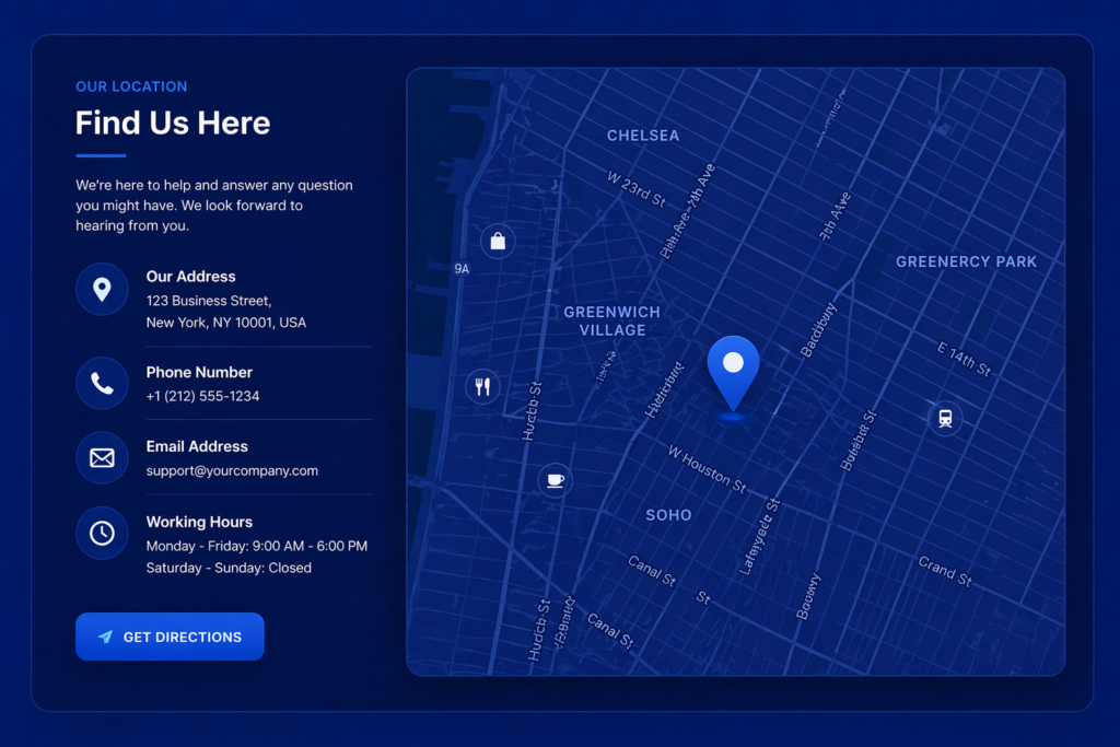 Blue-themed location and map section with contact details, address, phone, email, working hours, and an interactive map with a location pin for easy navigation.