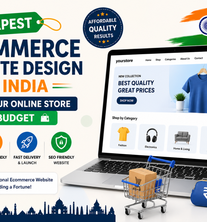 Promotional banner for cheapest ecommerce website design in India, showing a laptop with an online store, shopping cart, bags, and boxes, along with icons for low cost, mobile-friendly design, fast delivery, and SEO-friendly features, highlighting building an online store on a budget.