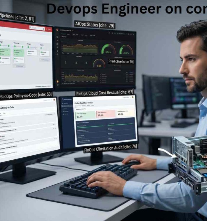 Illustrated graphic of a DevOps engineer standing in a futuristic data center filled with server racks, holding a tablet displaying analytics dashboards and metrics. Surrounding the engineer are glowing panels highlighting key concepts: “Platform Engineering: IDP & Golden Paths,” “Resolution: Complex Infrastructure Bottlenecks Negotiation,” “DevSecOps: Policy-as-Code & Zero-Trust,” and “Physical AI: Digital Twins & Hardware Integration.” The overall theme emphasizes modern DevOps practices, automation, security, and infrastructure innovation.