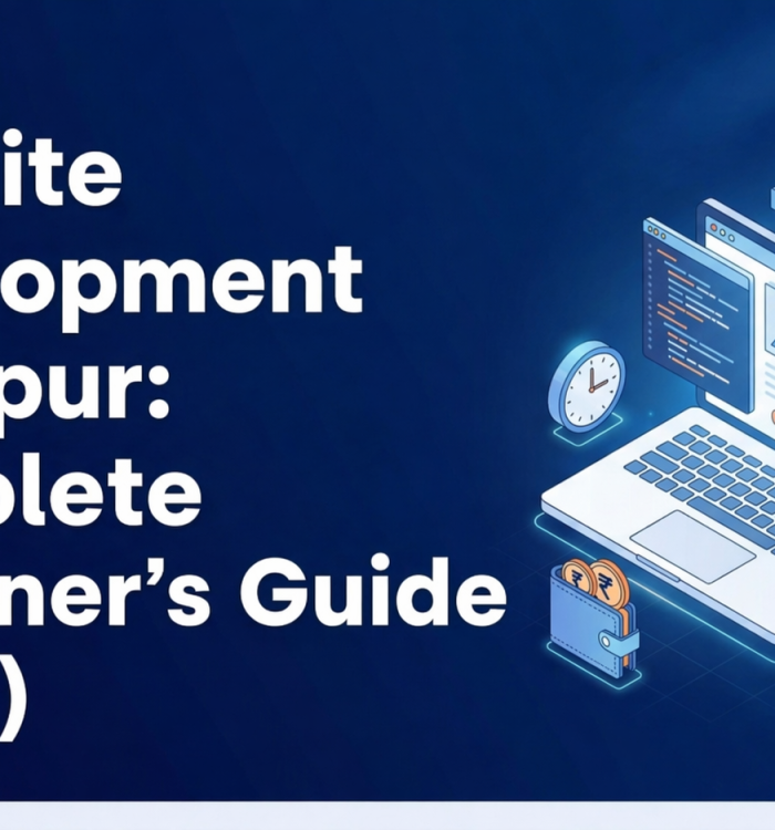 A modern blue-themed digital illustration showing a laptop with website design elements, coding screens, and Jaipur-inspired graphics, alongside the text “Website Development in Jaipur: Complete Beginner’s Guide (2026)